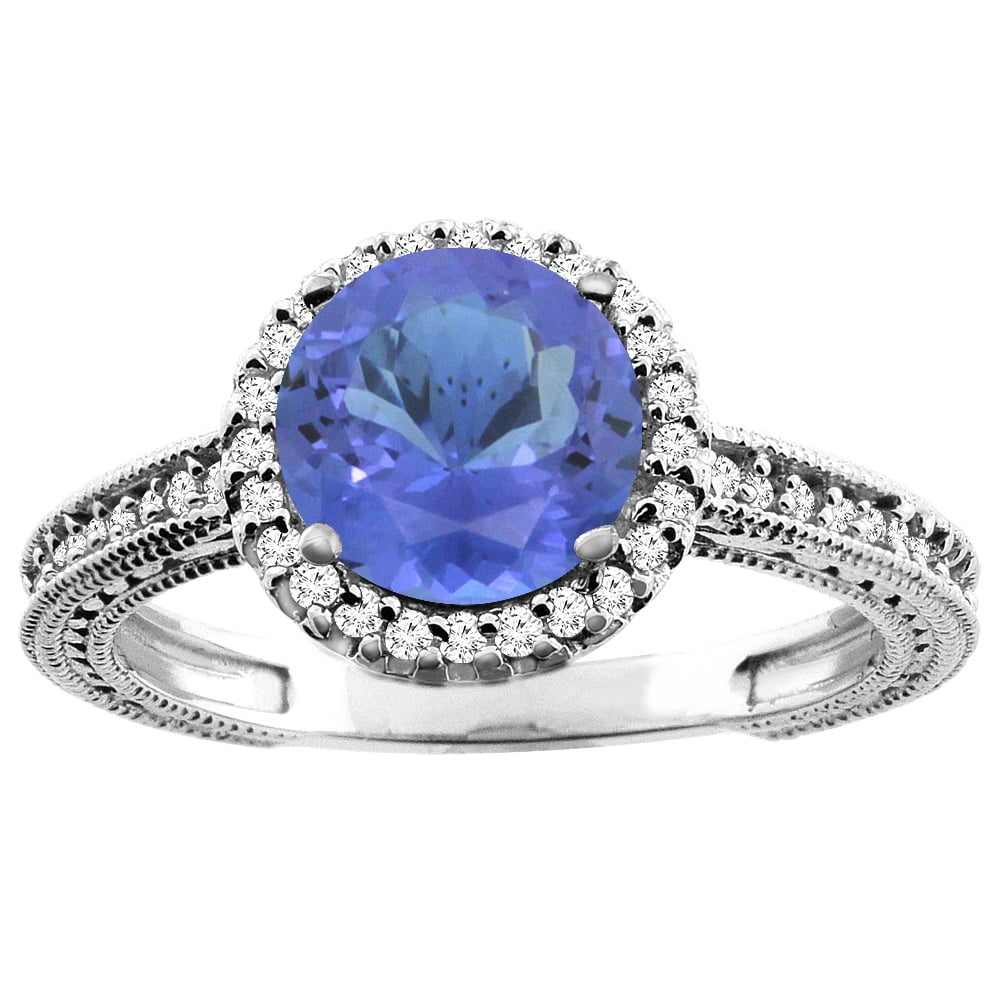 10K White Gold Natural Tanzanite Ring Round 7mm Diamond Accent, size 5.5 by Gabriella Gold