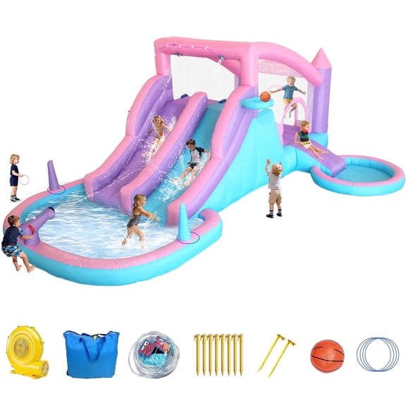 Anypool Inflatable Water Slide Bounce House 9-in-1 Backyard Water Park Double Racing Slides Splash Pool Ages 3-8