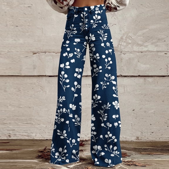 Mifsaly Wide Leg Pants Women Women's High Waisted Wide Leg Pants Floral Print Pattern Flowy Relaxed Trousers Comfortable Lightweight Fabric Boho Style Vacation Beach Casual Daily Wear Trendy XXXXXL