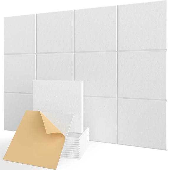 Kuchoow 12 Pack Acoustic Panels Self-Adhesive Sound Panel for Recording Studio 12'' x 12'' x 0.4'', White Sound Absorbing Panel Square Acoustical Treatments Wall Tiles for Room Bedroom Gaming