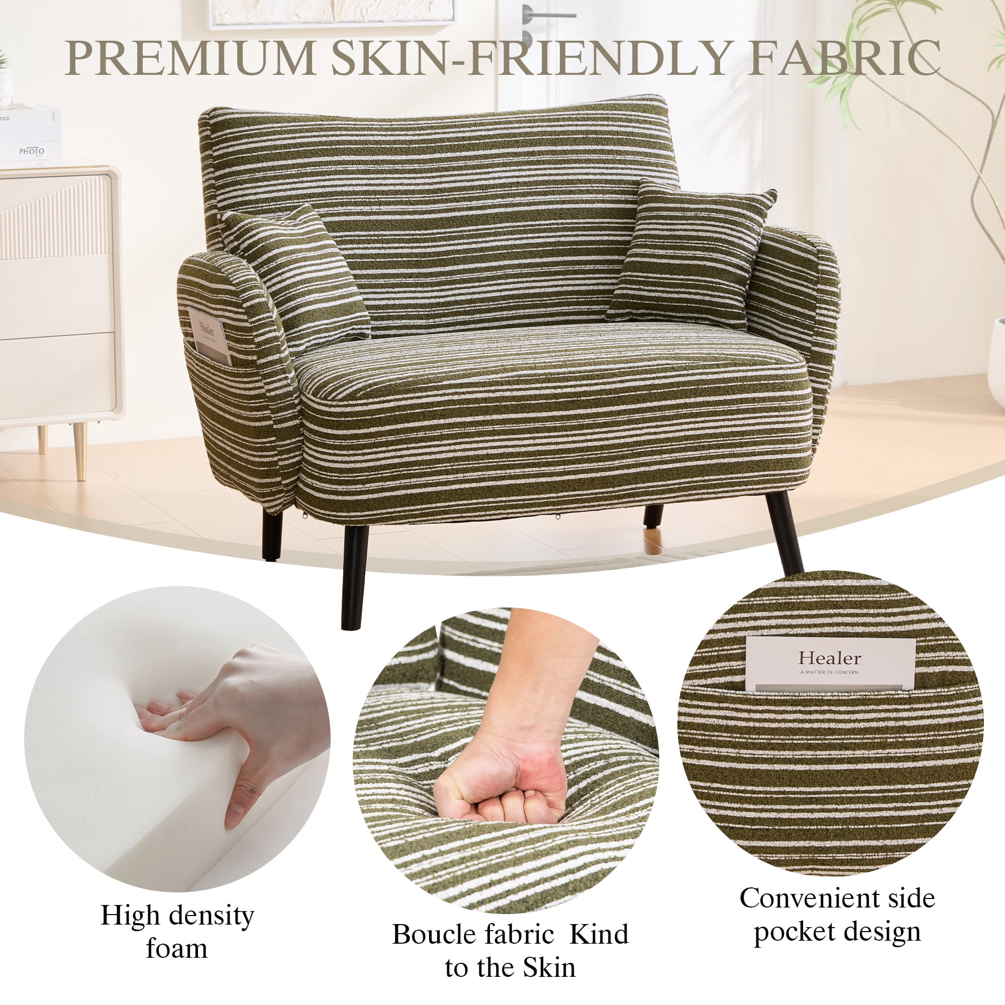 Jopath 47.64" Loveseat Sofa Couch,Modern Comfy Boucle Sofa Couch with Storage Pockets for Bedroom,Small Spaces,Apartments,Olive Green