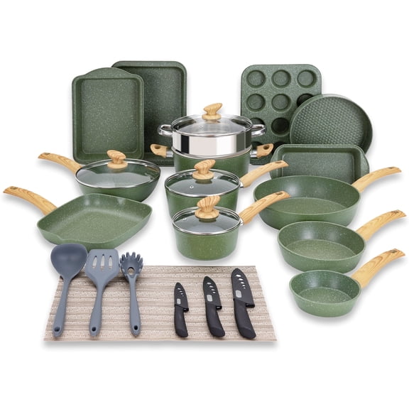 MF Studio 30 Pieces Cookware & Bakeware Set Granite Nonstick Pots and Pans, Green