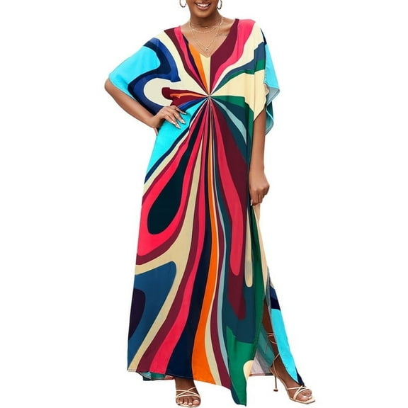 Bsubseach Women Caftan Floral Print Swimsuit Cover Up Loose Summer Outfit Short Sleeve Long Dress