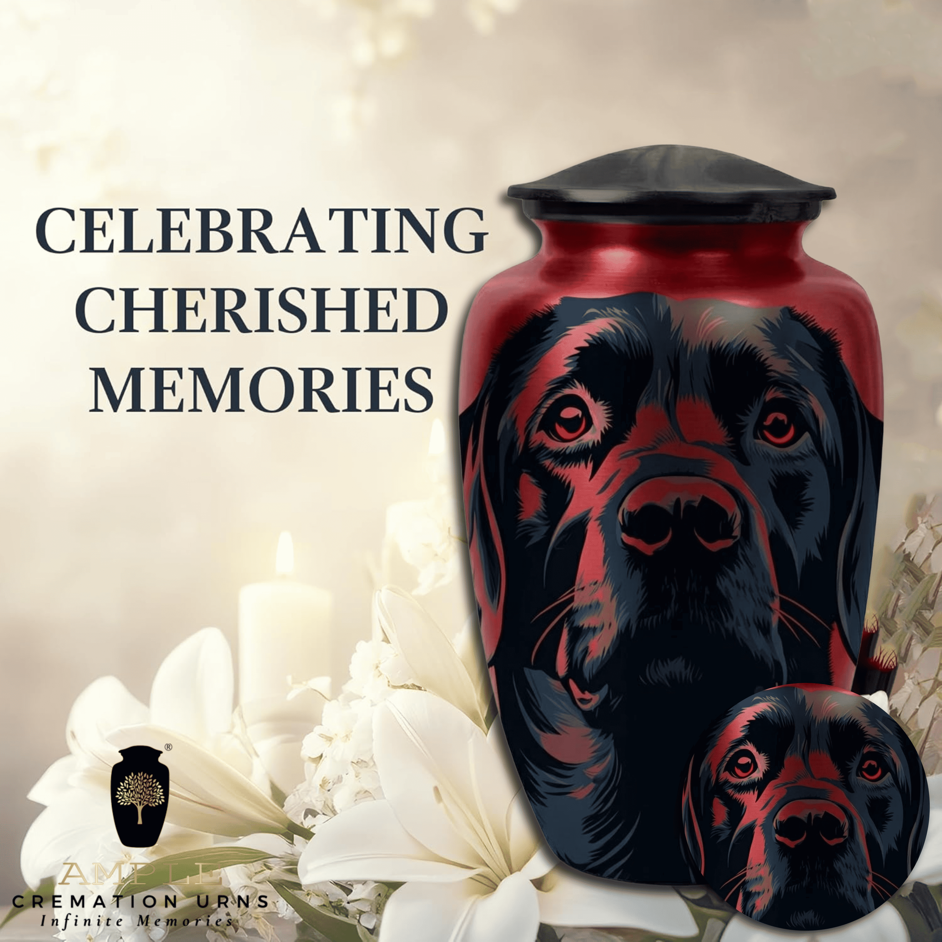 Luxury Dog Cremation Urn – Red & Black Artistic Dog Design Aluminum Urn for Pet Ashes