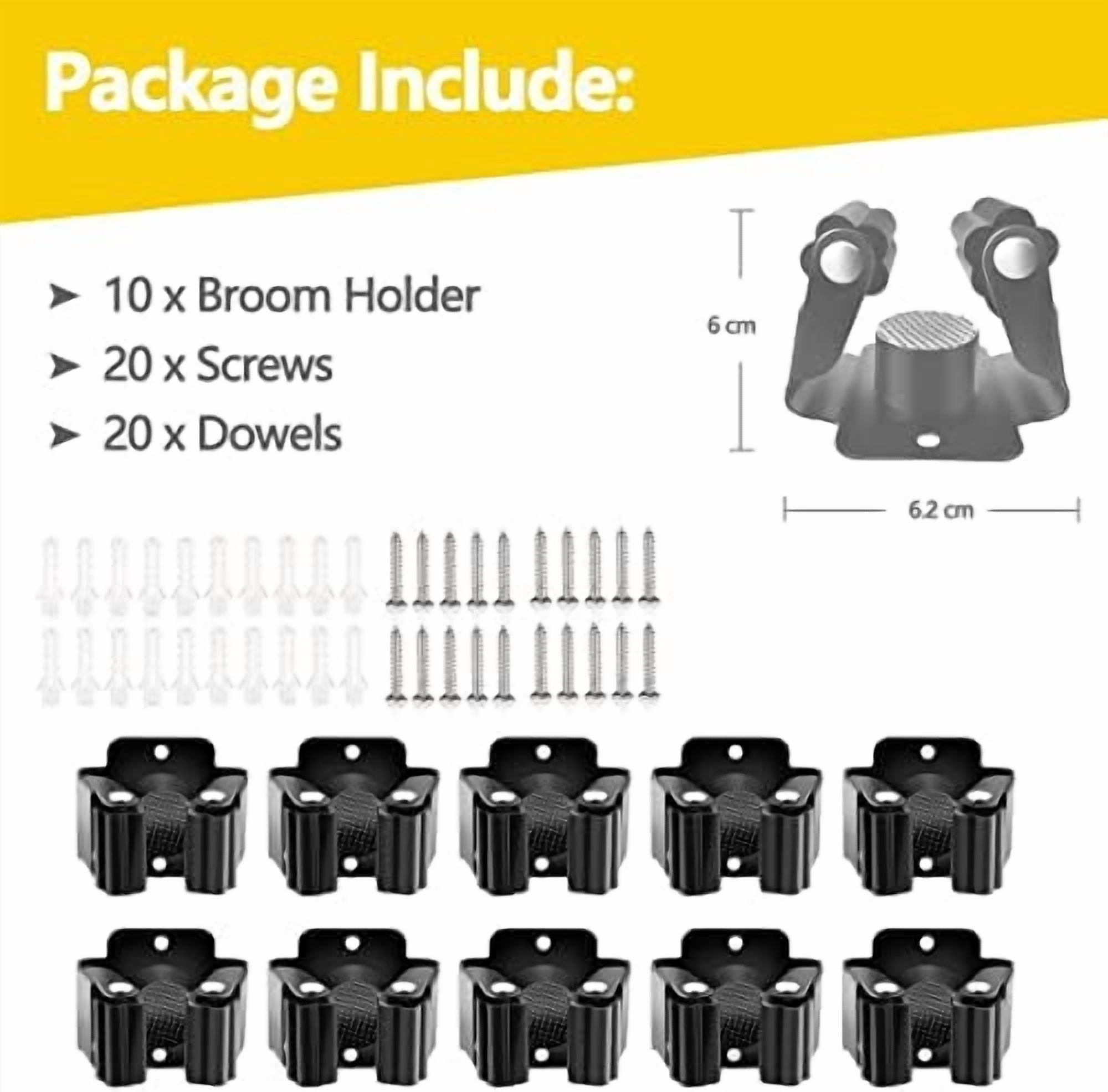 10 Pack Broom Holder Wall Mount, Mop Holder Wall Mounted, Stainless Steel Command Broom Holder with Screws, Garden Tool Rack Wall Mount for Kitchen, Home, Bathroom, Garage Storage, Black