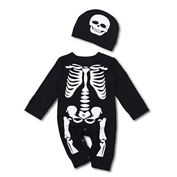 Styles I Love Unisex Baby Boys Girls Chic Skeleton Long Sleeve Black Cotton Romper with Hat 2pcs Halloween Jumpsuit (24 Months)
