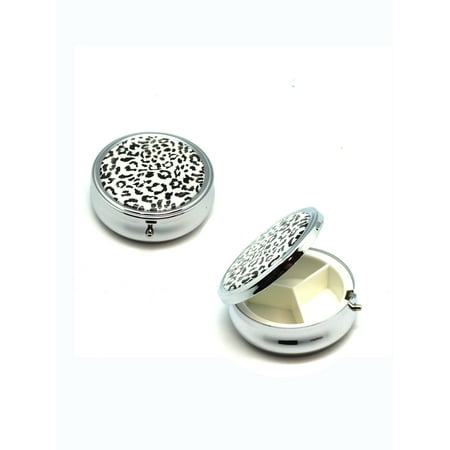 - Round White Leopard Print Fashion Pill Box w/ Mirror