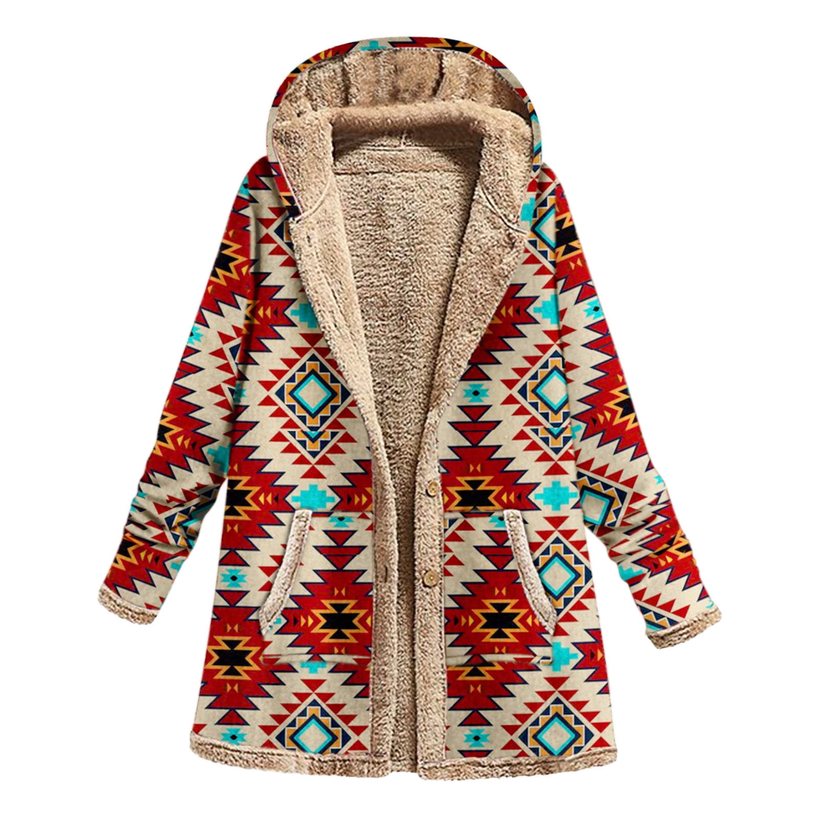 Sherpa Lined Jacket Women Vintage Western Print Fleece Jacket Thick Long Sleeve Warm Winter Coats Outwear Hoodie 