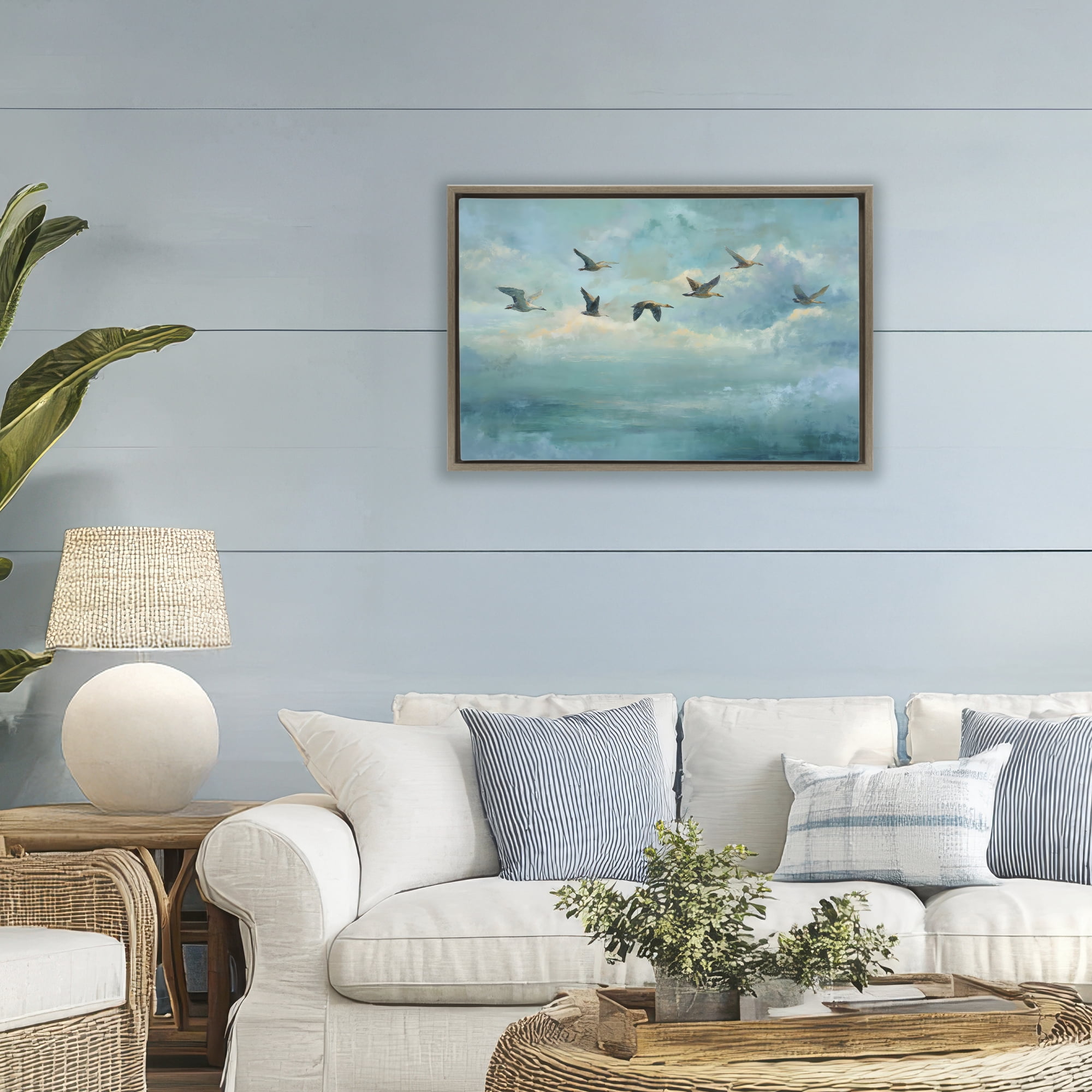Stupell Industries Blue Skies Geese Brown Framed Floater Canvas Wall Art, design by Petal Prints Design