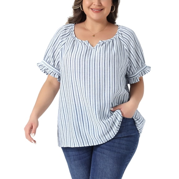 Agnes Orinda Women's Plus Size Cotton Lined Top Stripes Notch V Neck Puff Short Sleeve Blouses Summer Casual Tops 1X Navy Blue