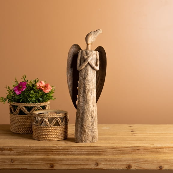 Melrose Tree Trunk Angel with Metal Wings Figure - 15" - Brushed Brown
