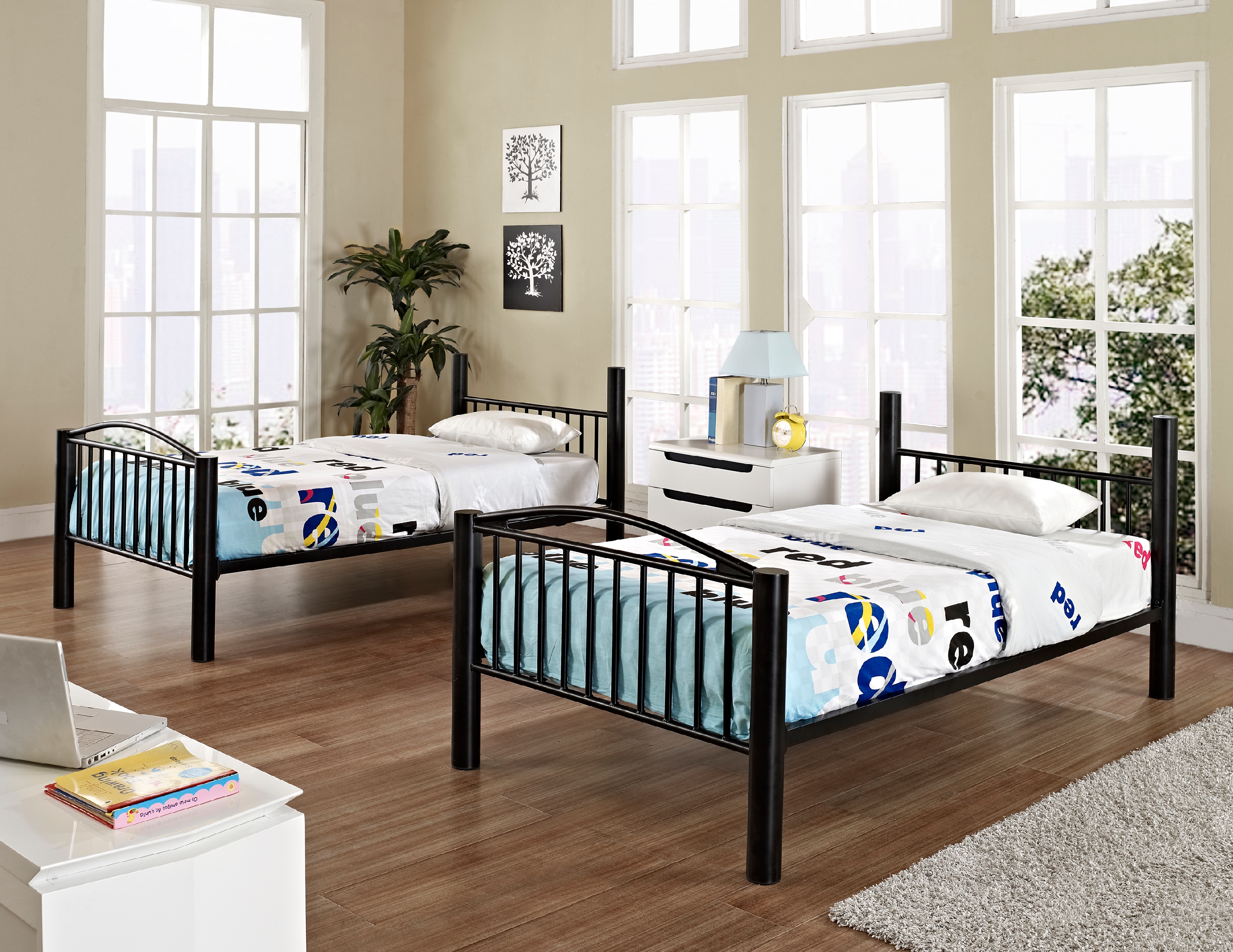 Powell Kalmia Twin Over Twin Heavy Metal Convertible Bunk Bed with Ladder, Black Finish