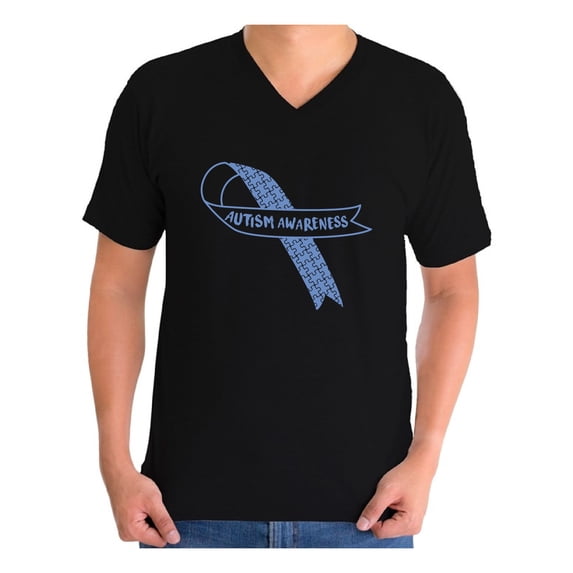 Awkward Styles Men's Autism Awareness Blue Ribbon Graphic V-neck T-shirt Tops Autistic Support