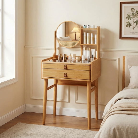 Resenkos 23.5 Inch Small Vanity Desk, Compact Makeup Table with Mirror for Bedroom, Bathroom, Dressing Area, Natural