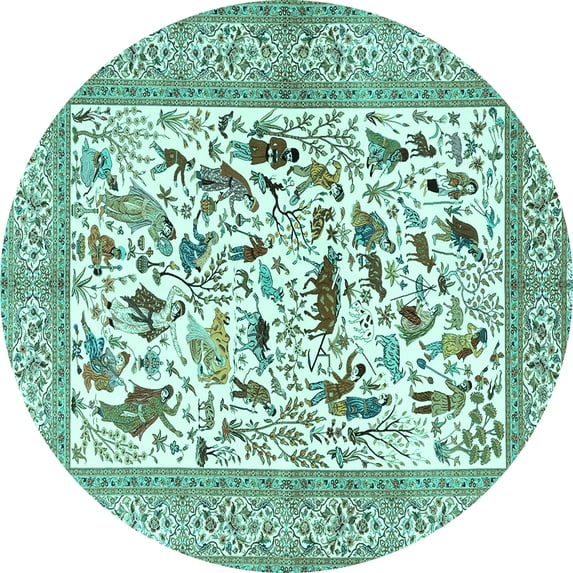Ahgly Company Machine Washable Indoor Round Animal Turquoise Blue Traditional Area Rugs, 4' Round