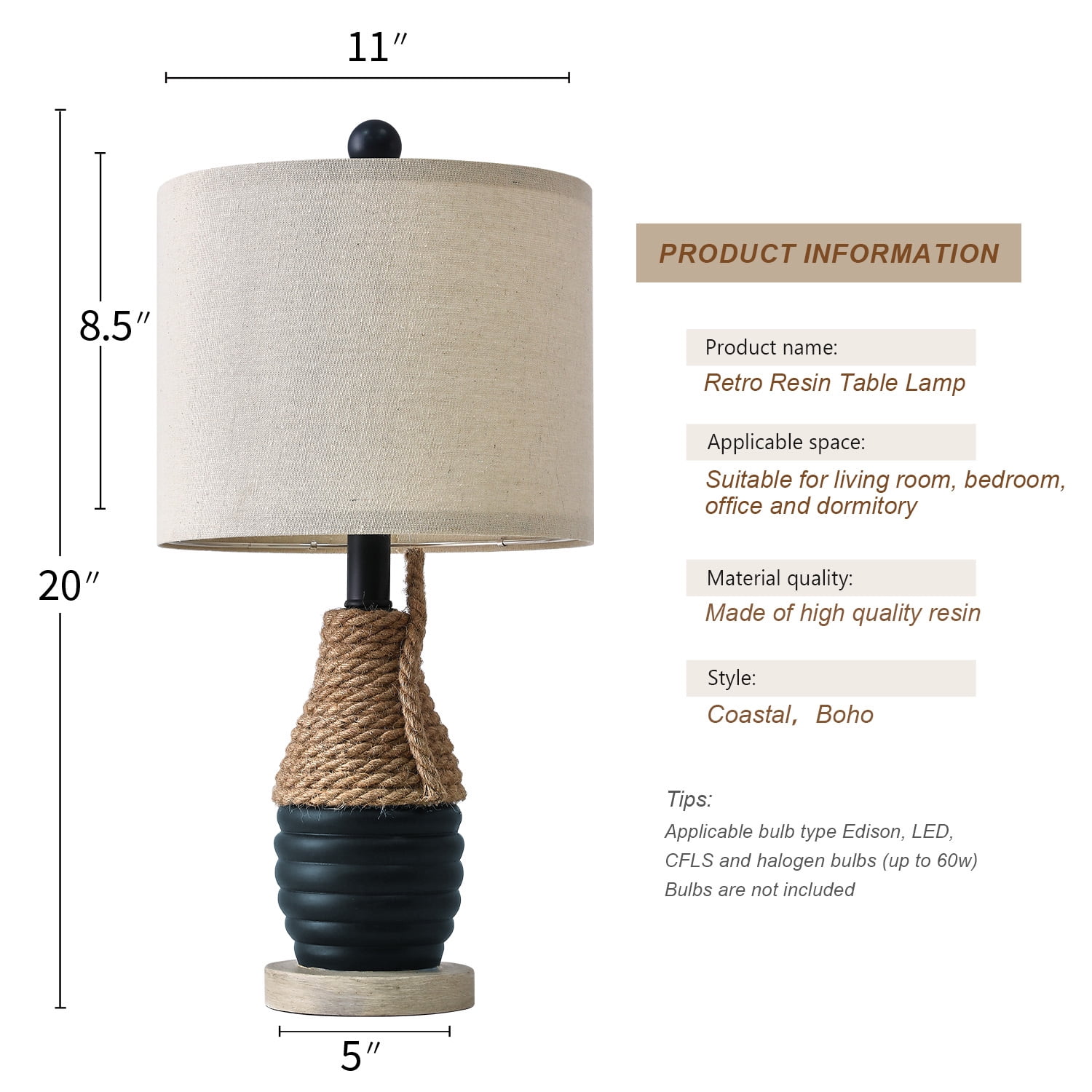 Oneach Farmhouse Table Lamp for Living Room Bedroom 20" Coastal Navy Blue Nightstands Bedside Lamps Home