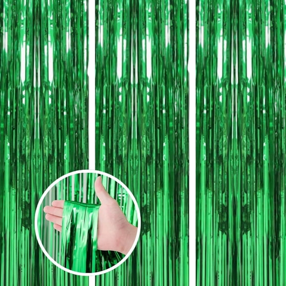 3 Pack Fringe Curtains Backdrops, Green Foil Fringe Curtains, Door Streamers for Birthday Wedding Bridal Shower Holiday Graduation Party Decorations, Photo Booth Backdrops,3.3 ft x 9.9 ft