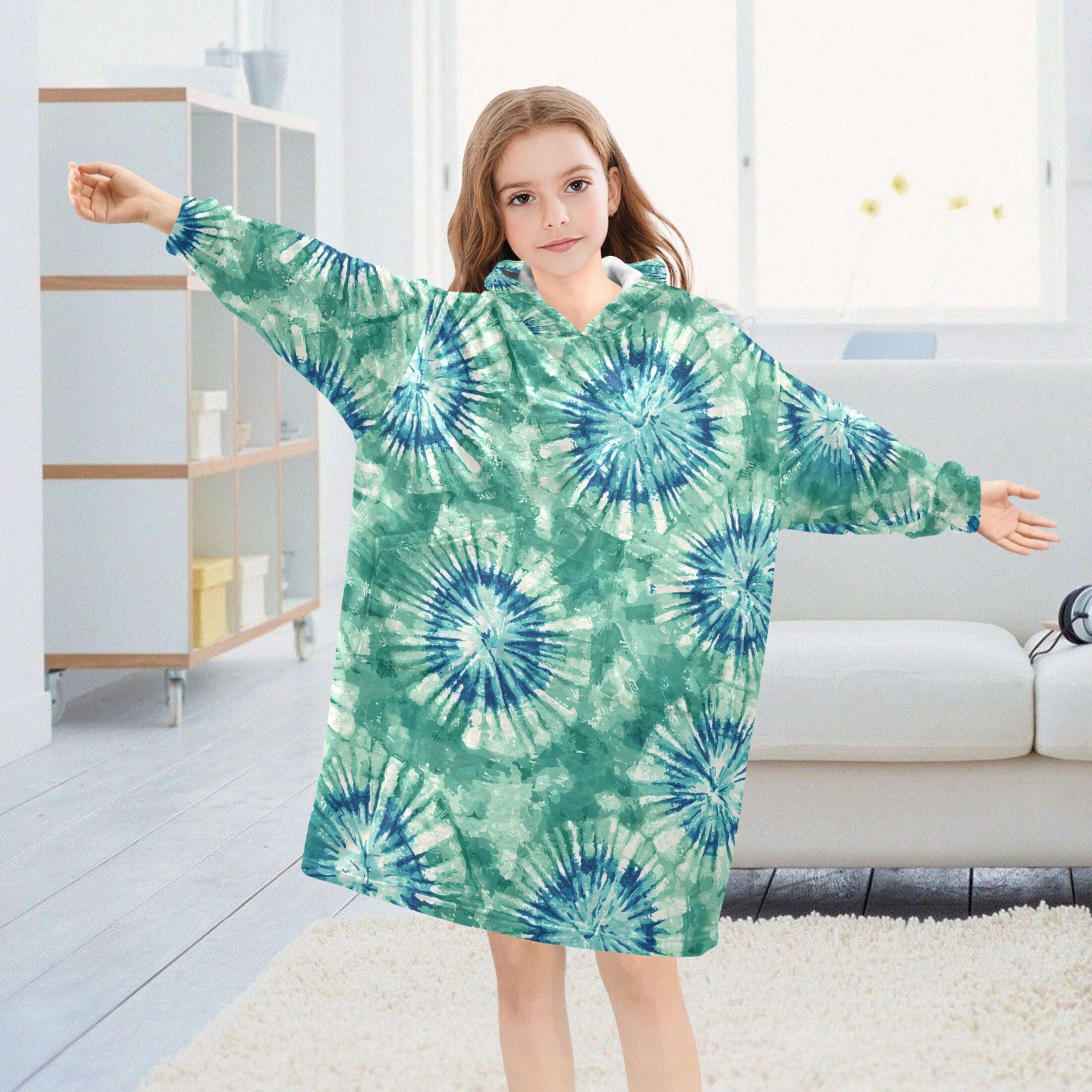 joogoo Wearable Blanket Hoodie for Tie Dye Green Flannel Sherpa Pocket 3-14 YR S
