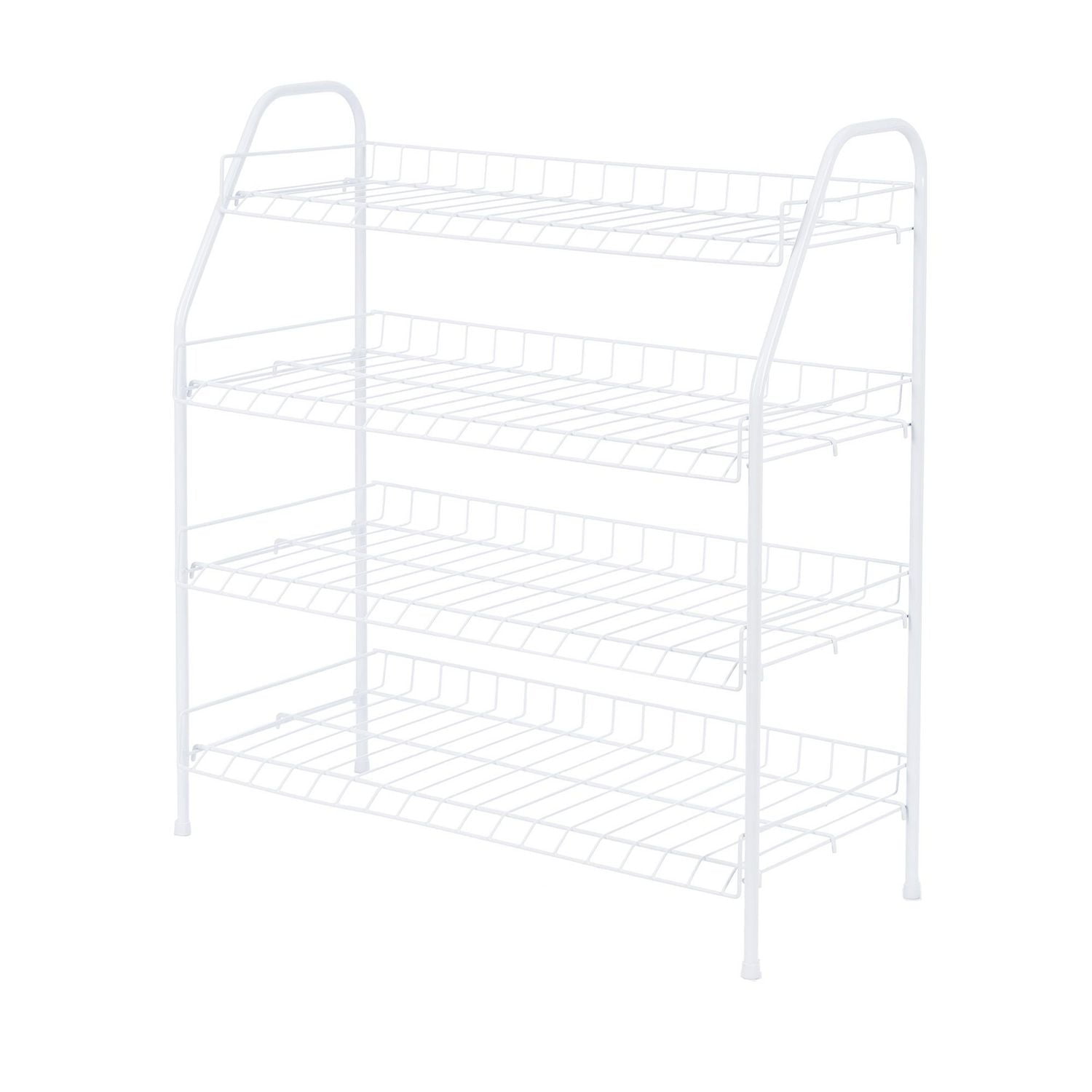 MAINSTAYS 4-Tier White Metal Shoe Rack and Accessories Storage, Holds up to 12 pairs, 4 Tier Wire Shelf, Product assembled size: 25.7 in. W x 11.6 in. D x 27.8 in. H; White coating