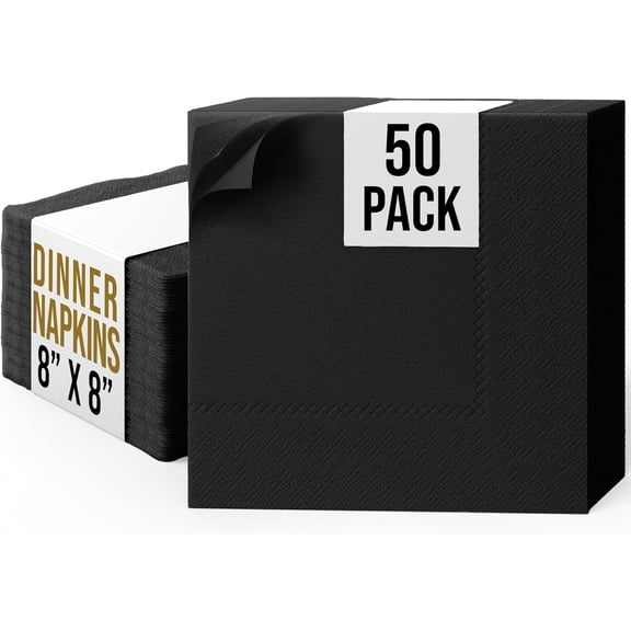 Exquisite Black Dinner Napkins, 50 Count 2-Ply Disposable Paper Napkins, 8" x 8" Folded