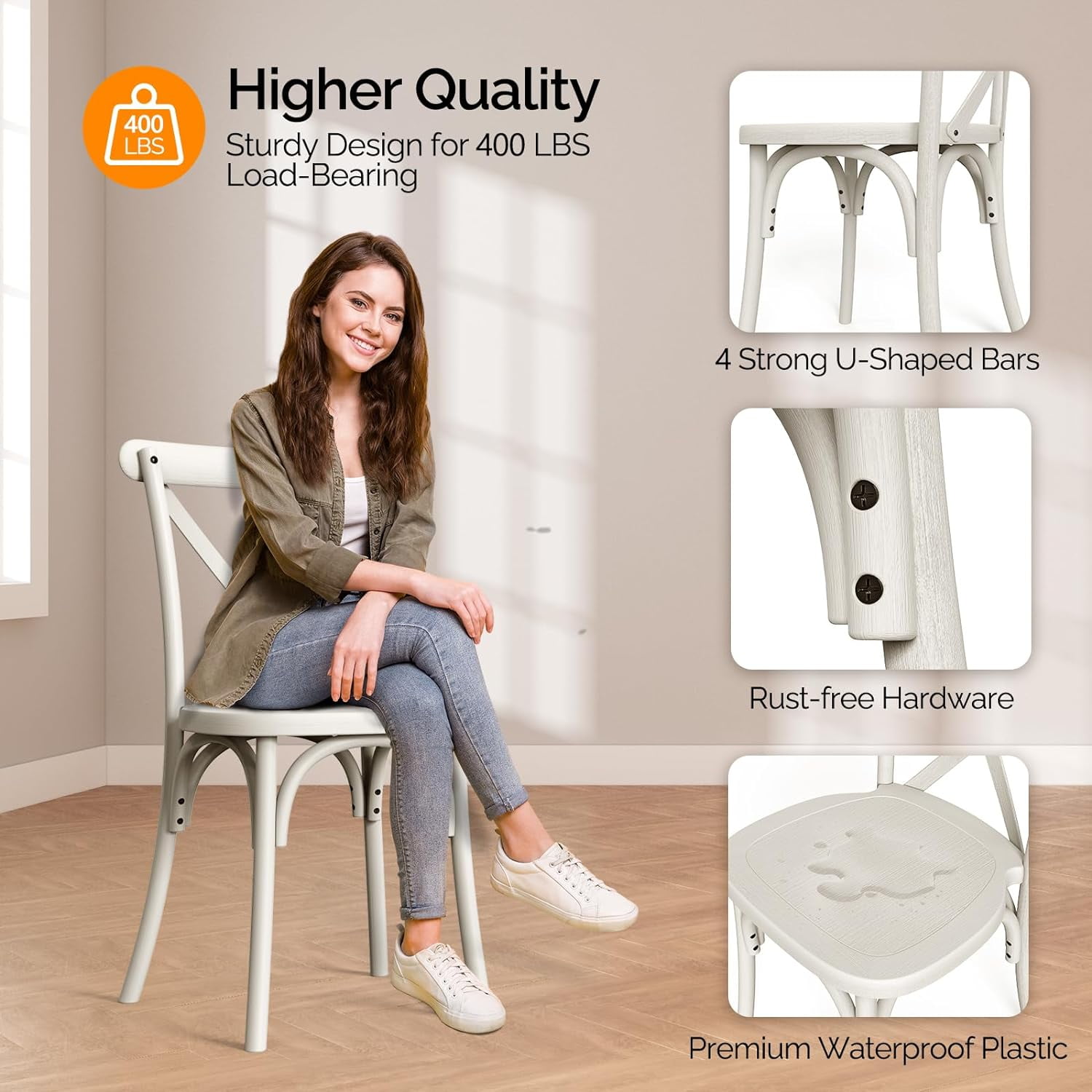 VINGLI Plastic Dining Chairs Set of 6, Stackable Patio Dining Chairs with X Back, Waterproof Kitchen & Dining Room Chairs for Indoor-Outdoor, Capacity 400 lbs, Cream White