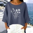 thumbnail image 2 of Fengqque Women Dandelion Print Top Boat Neck 3/4 Sleeve Oversized Loose Irregular High Low Hem Blouse Navy M, 2 of 6