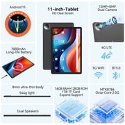 Tablet 11 inch Android 15 Tablet,128GB ROM 16GB RAM,4G LTE Tablet,5G WiFi+Cellular, MTK8786,Octa-Core, GPS,Dual Camera,1TB Expand,Incell Screen,HD Display,7000mAh,Face Unclocked,Tablet with Keyboard
