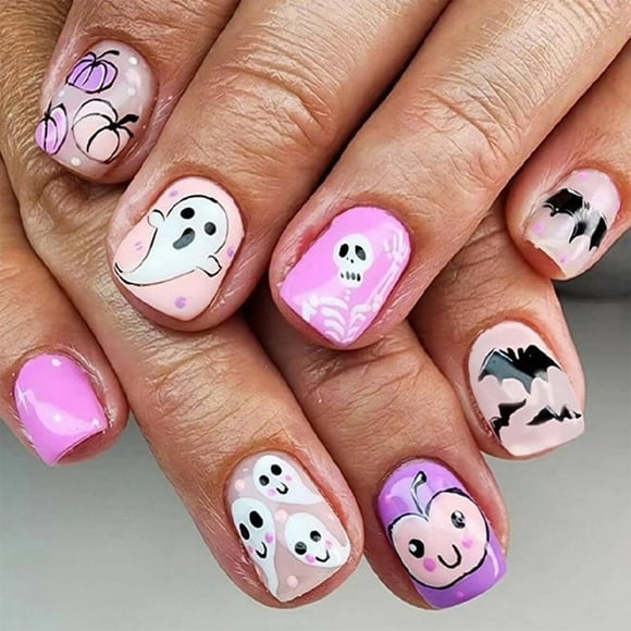 SUTENGDA Halloween Press on Nails Short Square Fake Nails  Glitter Black Bat Acrylic Nails Reusable Artificial Glossy Stick on Nails for Women DIY Day of the Dead Glue on Nails