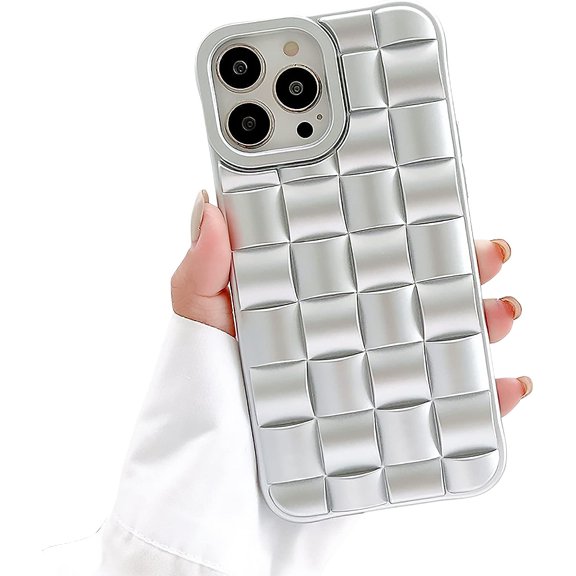 Compatible with iPhone 12 Pro Max Case for Women Girls,Cute 3D Cube Weave Pattern Raised Bumper Corners Case for iPhone 12 Pro Max Soft Matte Silicone Shockproof Cover Case-Elegant Sliver