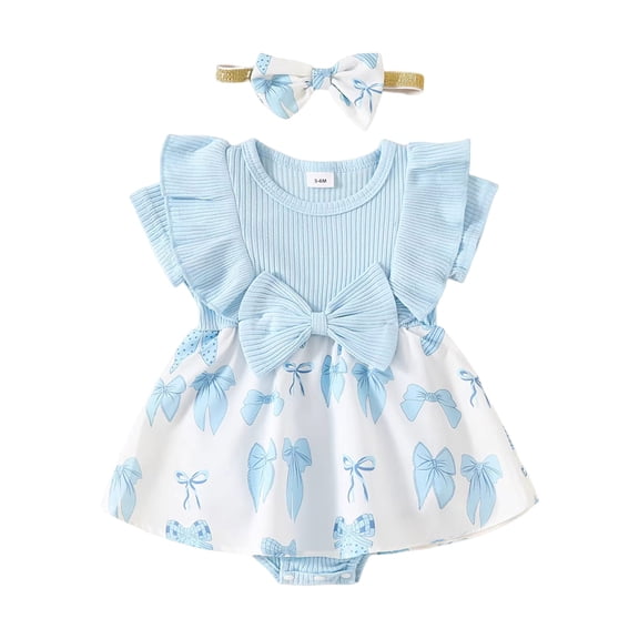Vdoaml Baby Girl Short Sleeve Bodysuit Infants Cute Romper Dress with Matching Headband Newborns Bow Print Onesies 12-18 Months Sky Blue