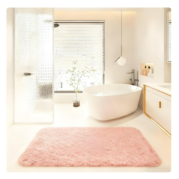 LAMIRO Shag Bath Rug, Non Slip Bath Mat for Bathroom, 16"x24", Blush, Machine Wash