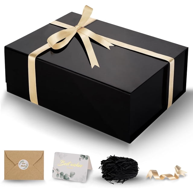 Caja de regalo con tapa, caja de regalo magnética negra para regalos con tarjeta, cinta, relleno, cajas plegables de papel para cumpleaños, boda, Navidad