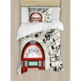 thumbnail image 3 of Jukebox Duvet Cover Set King Size, Cartoon Antique Old Vintage Radio Music Box Party with Notes Artwork, Decorative 3 Piece Bedding Set with 2 Pillow Shams, Black White Grey and Red, by Ambesonne, 3 of 3