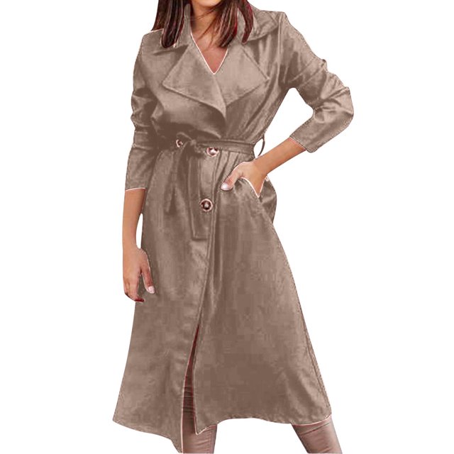 WRKEKC Women's Belted Trench Coat Long Length Button Front Solid Color Fall Casual Office Wear Transitional Layer Plus Size Available Khaki M