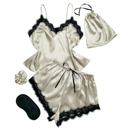 

Women s Satin Sleepwear 5 Piece Set Floral Lace Cami Tops and Shorts Satin Silk Lingerie Set Pajamas Nightgown