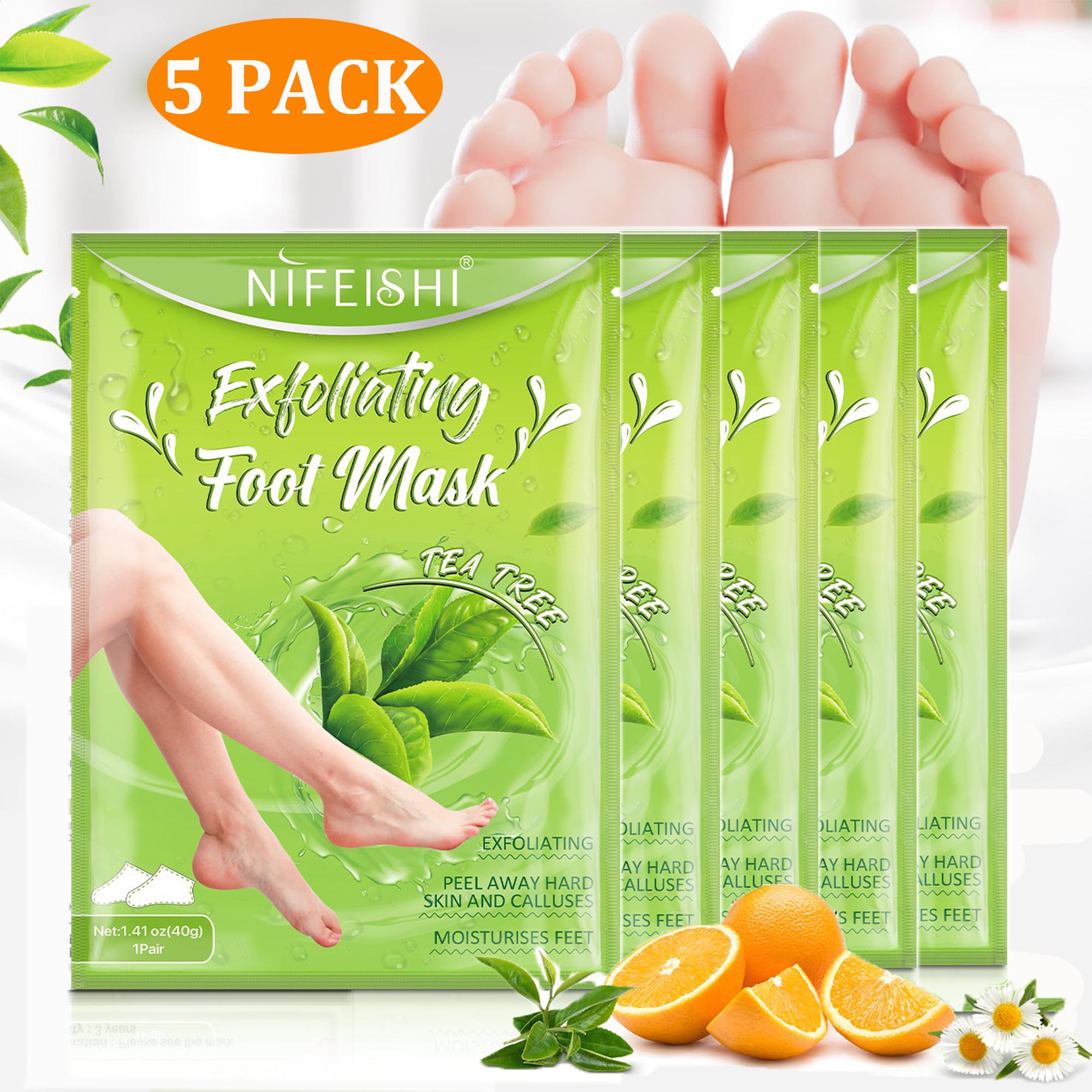 Nifeishi Tea Tree Foot Peel Mask (5 Pack) Remove Calluses and Dead Skin