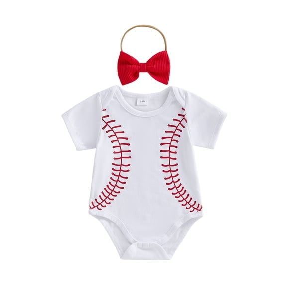 BemeyourBBs Newborn Baby Baby Girls Baseball Outfits Cute Summer Romper Clothes Short Sleeve Round Neck Baseball Themed Embroidery Bodysuit and Headband Set
