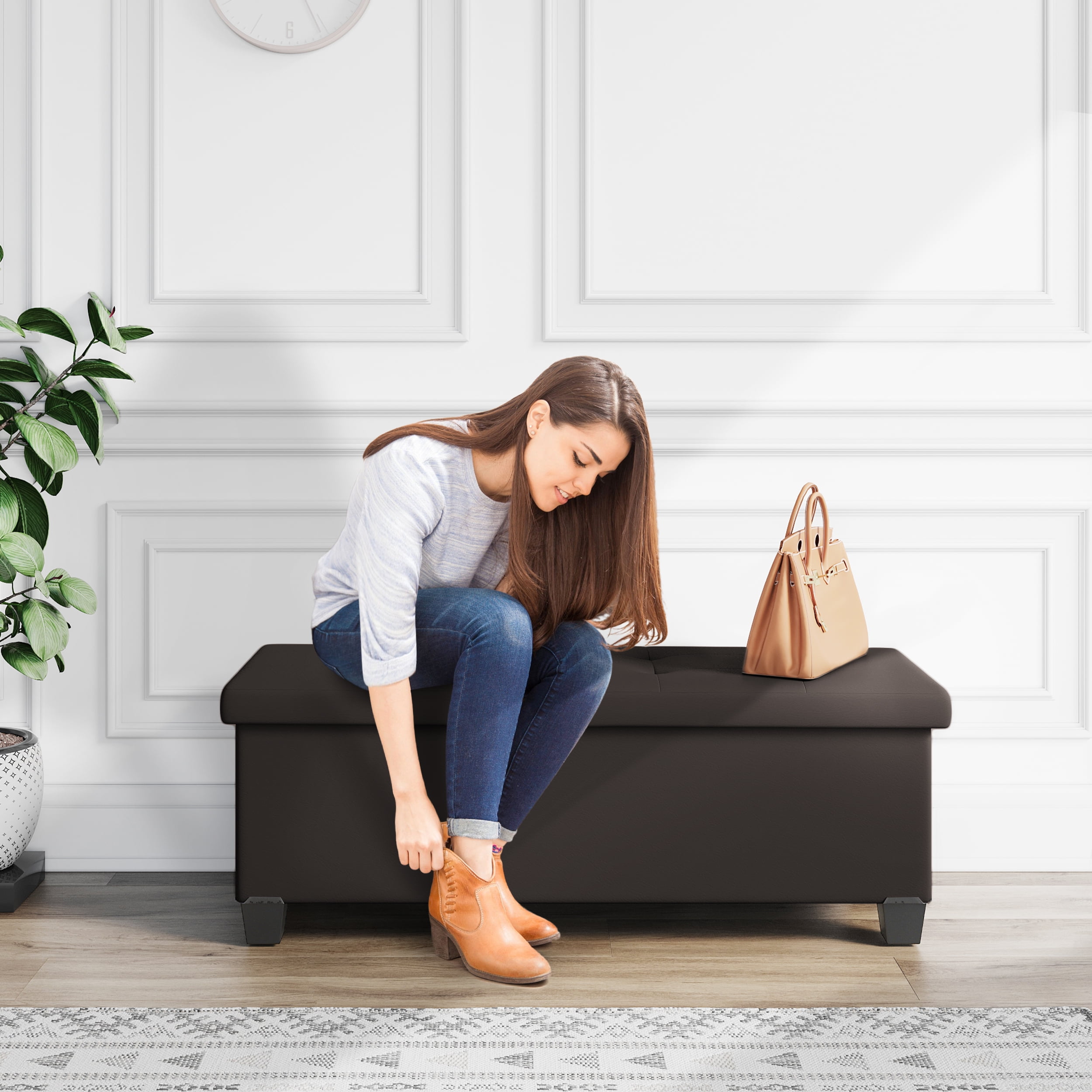 StorageBud Ottoman with Storage Bench, 43-inch Storage Ottoman, Leather, Brown