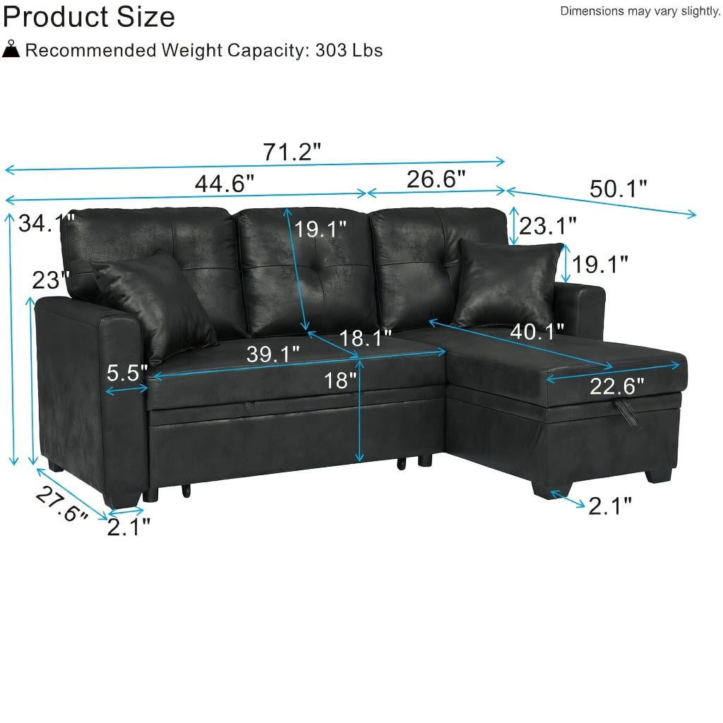 Hommoo L-Shaped Sleeper Sectional Sofa with Pull-Out Bed, Reversible Chaise & Hidden Storage, Contemporary Convertible Living Room Furniture for Small Spaces, Black