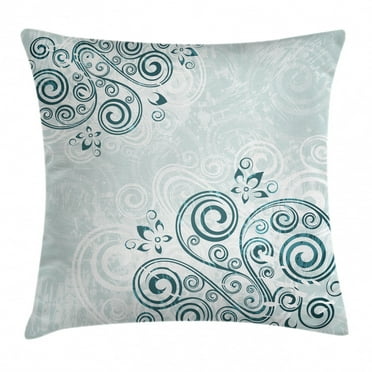 Floral Throw Pillow Cushion Cover, Vintage Swirled Lines Leaves Petals Shabby Chic Elegance Classic Image, Decorative Square Accent Pillow Case, 24 X 24 Inches, Baby Blue Jade Green, by Ambesonne