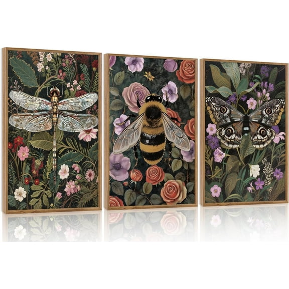 FCCUYE Dark Moody Boho Wildflowers Wall Art Set(16"x24"), 3 Pieces Vintage Mid Century Modern Floral Framed Canvas Artwork, Large French Penoy Botanical Wall Decor for Office Bedroom Living Room