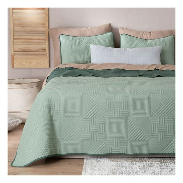 Edredón Ligero Real Textil + 1 Funda de Almohada, Juego de Colcha Individual, Color Verde/Verde Oscuro