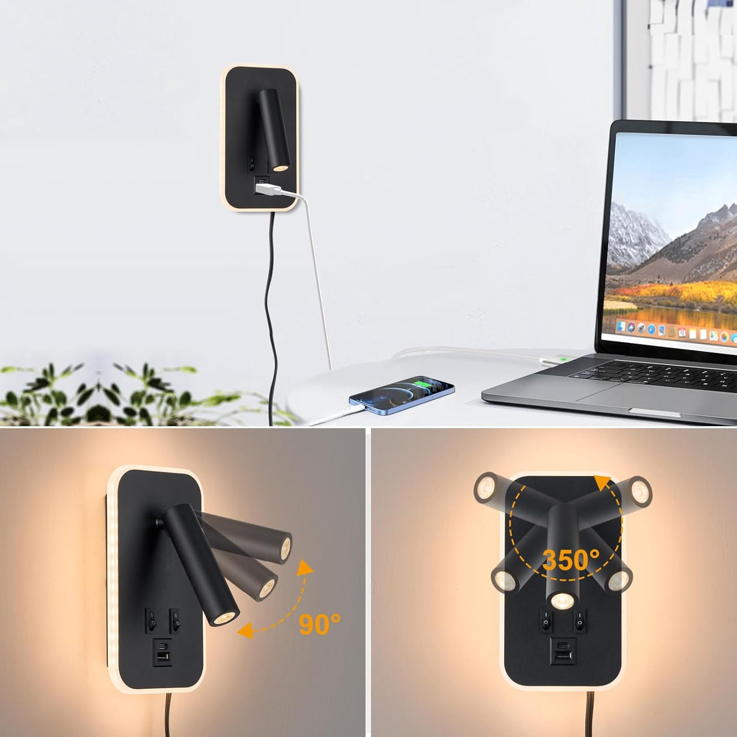 Wall Mounted Bedside Reading Light with 10W+3W Adjustable Headboard Lamp, USB-C+A Ports, Hardwired Plug-in Wall Sconce, 3000K Warm White, Black Finish