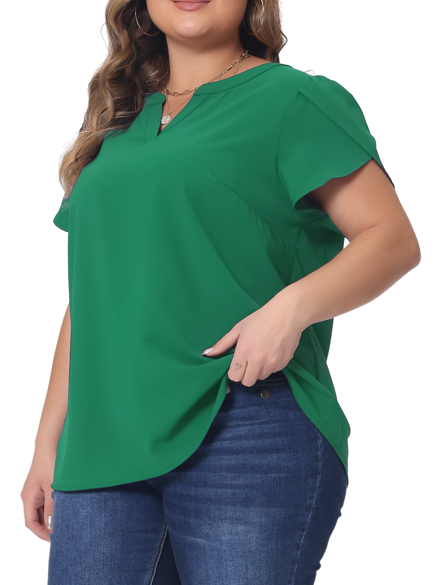 Women's Plus Blouses Notched V Neck Short Petal Sleeve Shirts Casual Dressy Tops 1X Dark Green