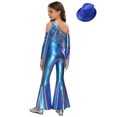 thumbnail image 3 of YiZYiF Girls Metallic Shiny Disco Hippie Jazz Dance Outfits Sequin Tassel Flare Jumpsuit with Hat Set Blue 16, 3 of 7