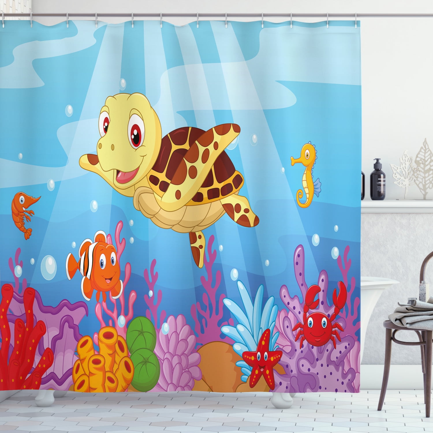 Turtle Shower Curtain, Funny Adorable Cartoon Style Underwater Sea