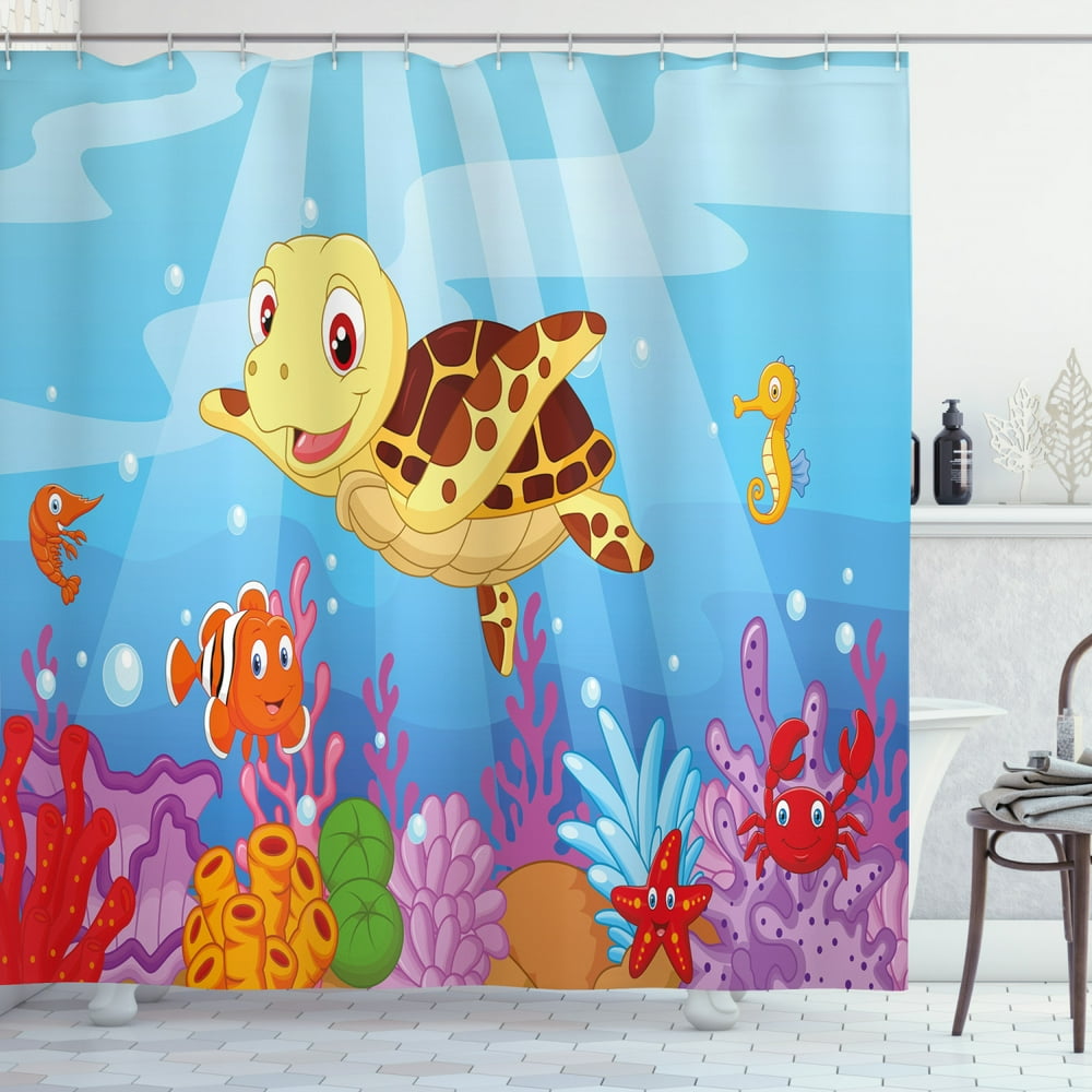 Turtle Shower Curtain, Funny Adorable Cartoon Style ...