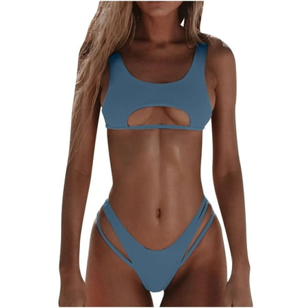 HAPIMO Women s 2Pc Bikini Sets Cutout Soild Color Sleeveless Summer Beach High Cut Lacing Tropical Hawaii Swimsuit Clearance Trendy Bikini Blue XL
