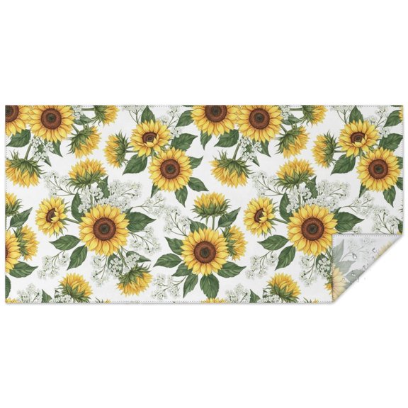 Sunflower and Flower White Pattern Rectangle Tablecloth 60"x120", Waterproof Polyester Wipeable Spillproof Table Cover for Dining Camping Indoor and Outdoor Use