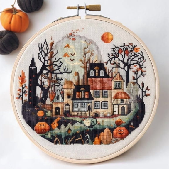 Counted Easy Cross Stitch Kits Halloween Pumpkin Color Stamped Embroidery for Starter Kits DIY 11CT Stamped Patterns Embroidery Needlework Kit Supplies 12 Inch Hoop Included(33-X)